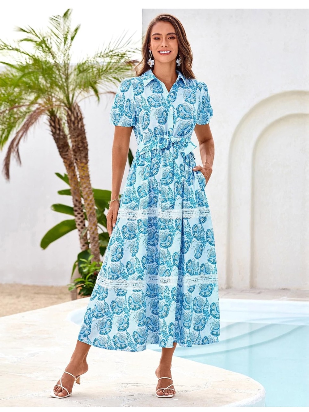 NWT Grace Karin Dress Blue Paisley Button-Front Midi Dress with Tie Waist